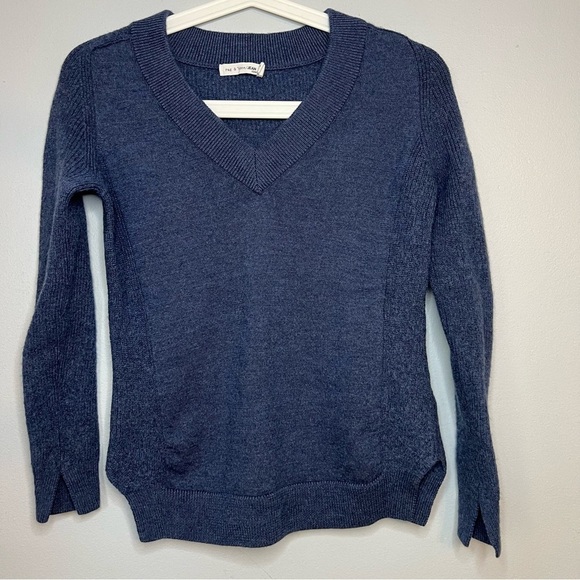 Rag & Bone Merino Wool Pullover knit Sweater V Neck Blue Sz XXS Thick Warm - Picture 1 of 14